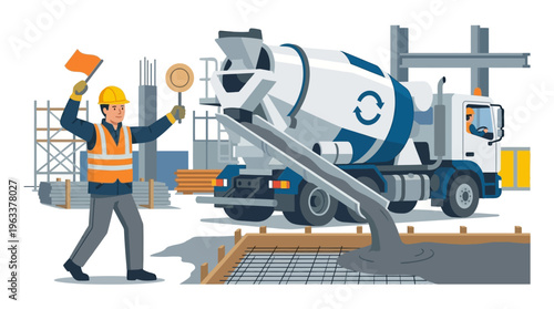 Construction Worker Directing Concrete Mixer Truck Pouring Cement for Building Foundation Vector. Professional Site Management and Industrial Infrastructure Development.