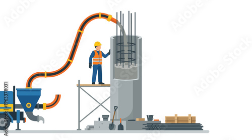 Concrete Pouring Process on Construction Site with Worker and Pump Truck Vector Illustration