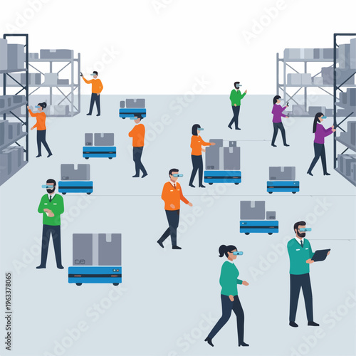 Warehouse automation with people and robots working together, modern logistics and supply chain management concept