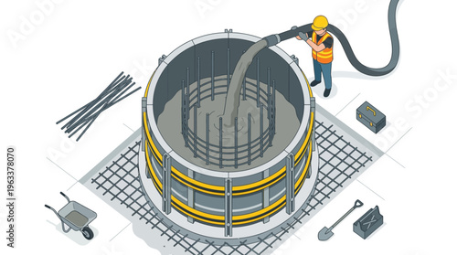 Isometric Construction Worker Pouring Concrete into Foundation Formwork with Rebar Reinforcement