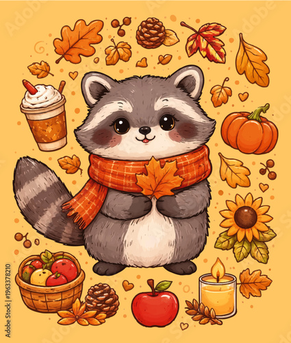 cute autumn raccoon illustration