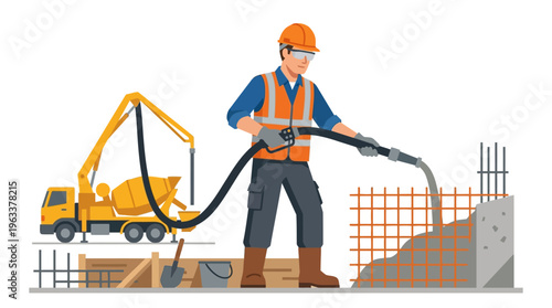 Construction Worker Pouring Concrete with Pump Hose at Building Site Vector Illustration