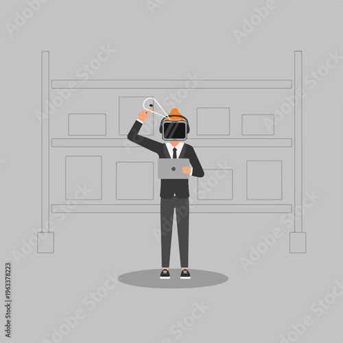 Businessman using virtual reality headset and laptop in a futuristic warehouse or storage facility