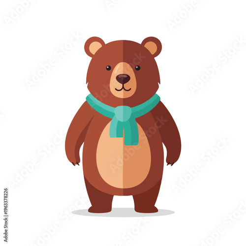 A friendly brown bear wearing a teal scarf stands on a white background