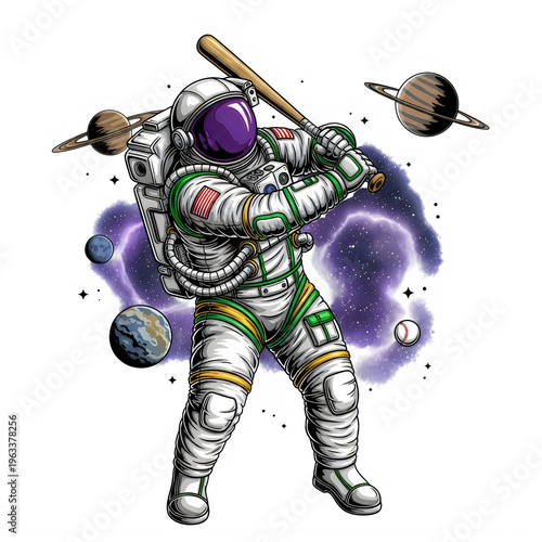 An astronaut in a full spacesuit swinging a wooden baseball bat amidst a cosmic galaxy background isolated on transparent background