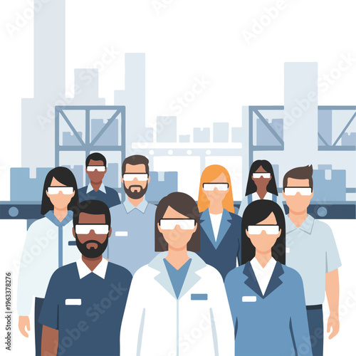 Diverse team of factory workers wearing VR headsets in a modern manufacturing plant, representing innovation and technology