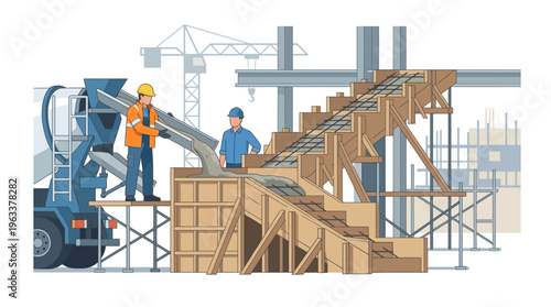 Construction Workers Pouring Concrete for Stairs with Cement Mixer Truck and Scaffolding Vector Illustration