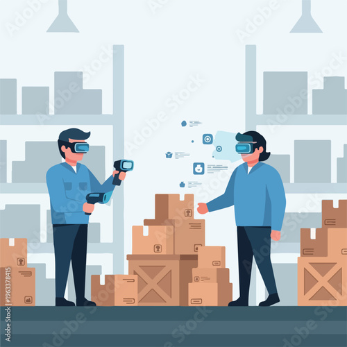 Warehouse workers using VR headsets and scanners for inventory management and logistics with digital icons