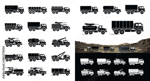 Set of Military Truck Icons and Tactical Vehicle Silhouettes