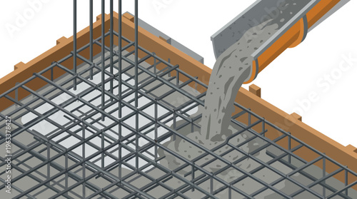 3D Illustration of Wet Concrete Pouring into a Reinforced Steel Rebar Grid Foundation for Building Construction