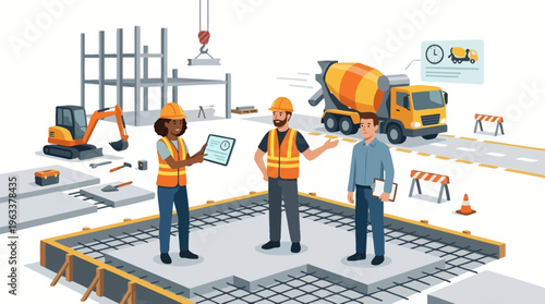Construction Site Management Illustration with Engineers and Workers Planning a Project, featuring Heavy Machinery, Excavator, and Cement Truck in Flat Vector Style