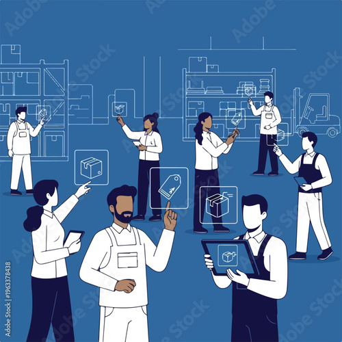 Modern logistics and supply chain optimization with diverse team managing inventory in a smart warehouse using digital technology and analytics.