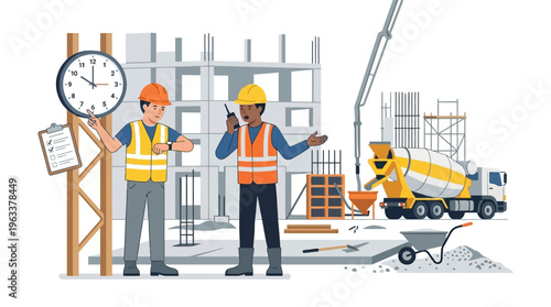 Construction Project Management and Time Tracking Illustration with Engineers Managing Building Deadlines on Site