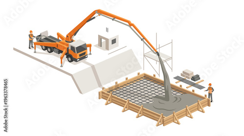 Isometric concrete pump truck pouring cement into a reinforced building foundation with construction workers on a white background