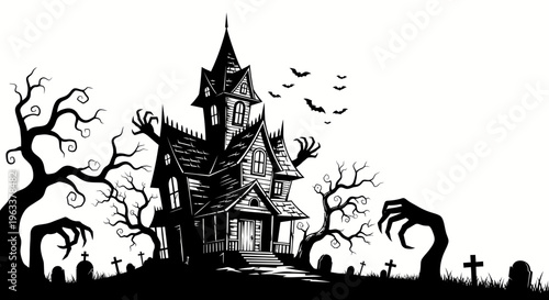 Spooky haunted house silhouette standing tall.