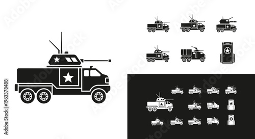 Military Armored Truck Vehicle Icons Set