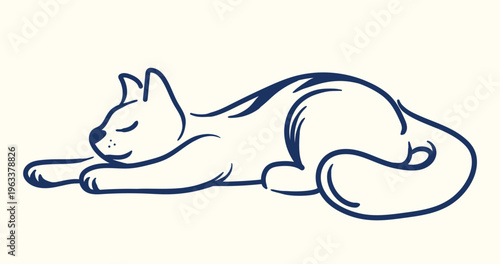 Sleeping Cat Lying Down Hand Drawn Line Art Illustration — Peaceful Resting Cat Minimal Outline Vector.