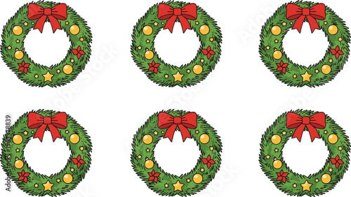 Christmas wreath vector icon set featuring festive holiday wreaths with red bows and gold ornaments in outline and flat styles.