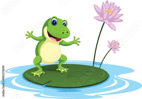 Cute green frog sitting on lily pad in pond with lotus flowers, happy amphibian nature scene, wildlife vector illustration isolated.