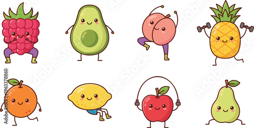 Cute fruit character collection featuring happy raspberry avocado pineapple peach watermelon orange lemon apple and pear exercising.
