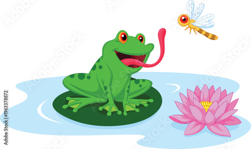 Green frog catching insect with tongue on lily pad, pond water scene with lotus flower and dragonfly, nature wildlife vector illustration isolated.