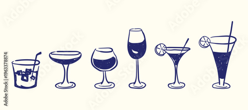 Cocktail and Drink Glass Collection Hand Drawn Doodle Set — Bar Glassware Naive Illustration Vector.