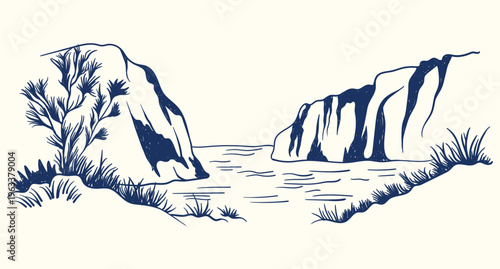 Rocky Cliff Landscape with River Hand Drawn Illustration — Vintage Nature Scenic View Line Art Vector.