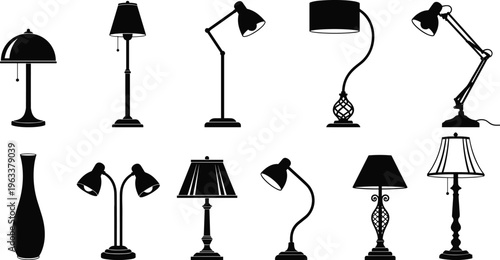 Black lamp silhouettes icon set including desk lighting table lamps and floor light fixtures isolated on white background for interior design,
