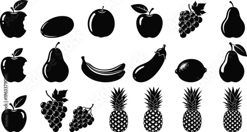 Black fruit silhouettes icon set including apple banana grape pear pineapple lemon and eggplant isolated on white background for design,