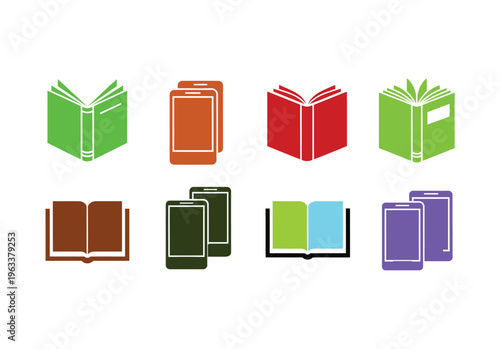 Colorful icons of open and closed books, and digital tablets representing reading and education