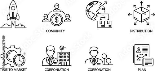 Vector illustration of eight business icons showing time to market, community, distribution, corporation, coronation, and financial planning concepts.