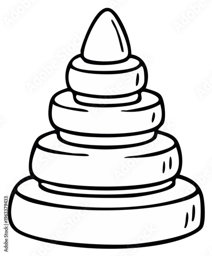 Illustration of a stackable toy with a conical top, a classic children's ring tower for baby development, simple line art rendering