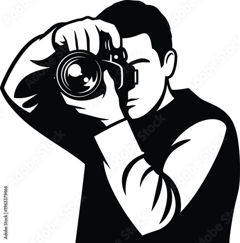 Black and white vector illustration of a professional male photographer holding a digital camera taking a photo on isolated white background