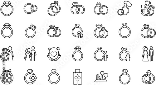 Wedding Rings and Couple Icons Set - Marriage, Engagement, Love Symbols