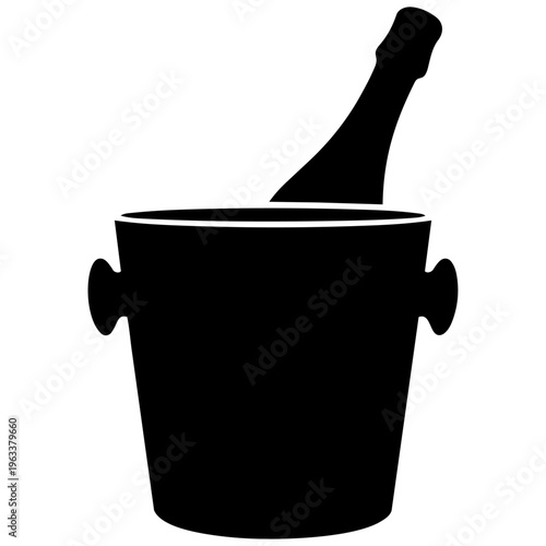 A black silhouette of a champagne bottle in an ice bucket isolated on transparent background, Vector