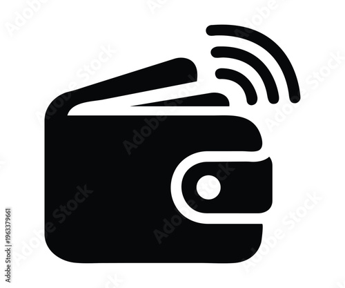 A black wallet icon with wireless signal waves emanating from it