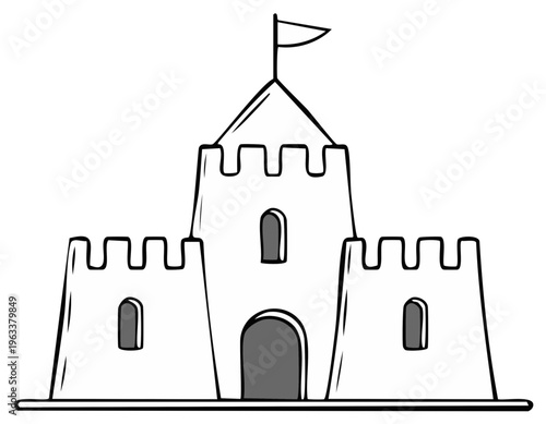 Sandcastle illustration with flag, doorway, and windows, cartoon style.