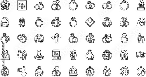 Wedding and Engagement Icons: Rings, Couples, and Celebrations Line Art Collection