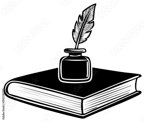 Classic book with antique quill pen and inkwell illustration for writing and education concepts