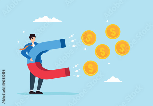 Flat illustration of businessman holds magnet to attract dollar coins representing customer acquisition costs in marketing
