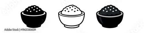 Three icons showing a small bowl filled with rice or grains in solid, outline, and shaded versions — suitable for menus, food labels, and restaurant ui.