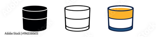Three-version set of a plain cylindrical cup or jar shown as solid silhouette, line art, and colored flat illustration for use in menus, apps, labels, or ui design.