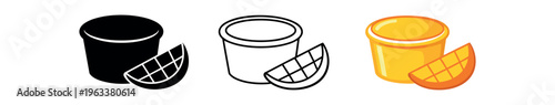 Three-version set of a small dessert cup served with a melon slice and scoop shown as solid silhouette, line drawing, and colorful flat illustration for menus, labels, or app icons.