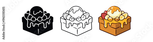 Three-version icon set of a square waffle or thick toast topped by a melting ice cream scoop, drips of syrup and small berries shown as solid black, line art, and colorful flat illustration