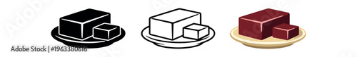 Three simple icons showing rectangular butter blocks on a round plate in solid, outline, and colored styles — a versatile set for food packaging, labels, menus, and ui.