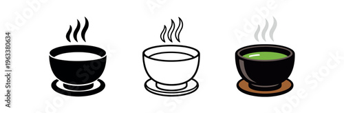 Three flat icons of a steaming tea cup shown as solid black, line art, and full color with green tea and brown saucer for tea or cafe graphics.