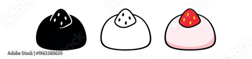 Three simple icons of a strawberry daifuku mochi — solid black, outline, and colored pink version — made for food menus, stickers, or app icons in a cute kawaii style.