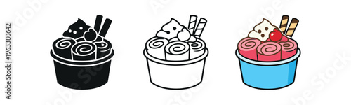 Three icons showing a cup of rolled ice cream topped with cream and wafer sticks — solid, outline, and colorful blue cup version — suited for menus, apps, or sticker packs.