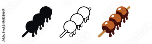 Three dango skewer icons (three rice dumplings on a stick) shown as solid black, outline, and colored version glazed with brown sauce — ideal for food icons, menus, and stickers.