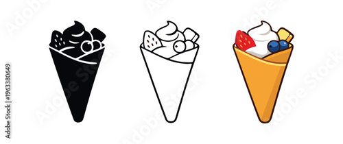 Three crepe cone icons filled with whipped cream, berries, and a wafer — shown as black silhouette, line art, and colored version — designed for cafe menus, apps, and stickers.